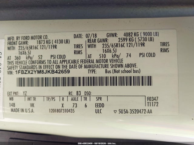 Ford Transit-350 Xl 2018 1FBZX2YM8JKB42659 Image 9