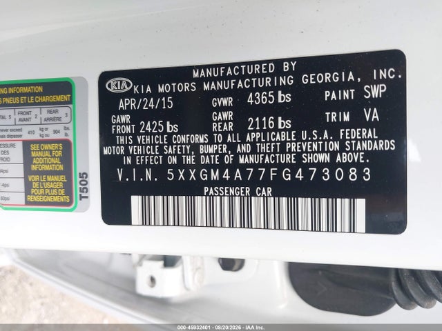 Aukcja sprzedaży 2015 Kia Optima Lx, vin: 5XXGM4A77FG473083, numer aukcji: 45932401