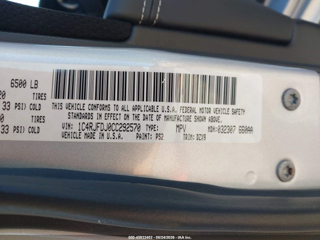 Продаж на аукціоні авто 2012 Jeep Grand Cherokee Srt8, vin: 1C4RJFDJ0CC292570, номер лоту: 45932402