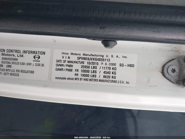 Aukcja sprzedaży 2016 Hino 258/268, vin: 5PVNE8JVXG4S55113, numer aukcji: 45932404