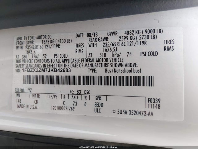 Продажа на аукционе авто 2018 Ford Transit T-350, vin: 1FBZX2ZM7JKB42683, номер лота: 45932407