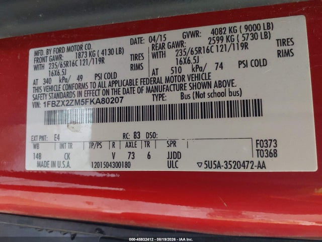 Продажа на аукционе авто 2015 Ford Transit-350 Xlt, vin: 1FBZX2ZM5FKA80207, номер лота: 45932412