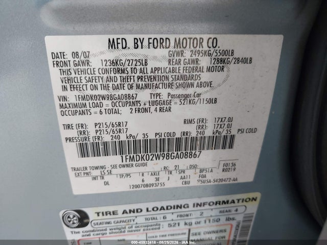 Продажа на аукционе авто 2008 Ford Taurus X Sel, vin: 1FMDK02W98GA08867, номер лота: 45932418