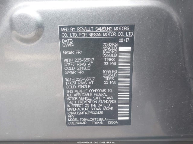 2018 Nissan Rogue Sv მანქანა იყიდება აუქციონზე, vin: KNMAT2MT4JP500439, აუქციონის ნომერი: 45932421