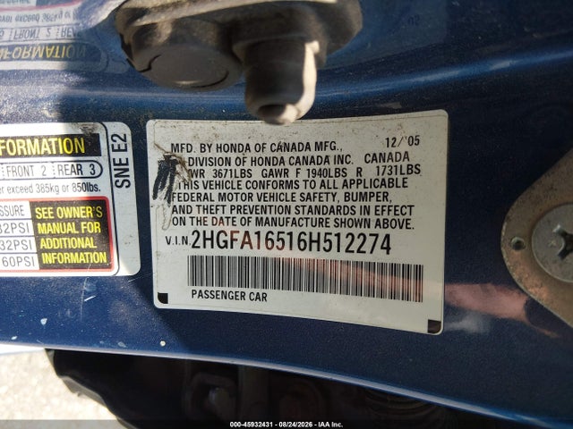 Aukcja sprzedaży 2006 Honda Civic Lx, vin: 2HGFA16516H512274, numer aukcji: 45932431