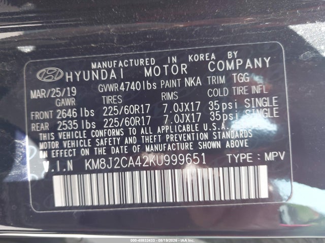 Продаж на аукціоні авто 2019 Hyundai Tucson Se, vin: KM8J2CA42KU999651, номер лоту: 45932433