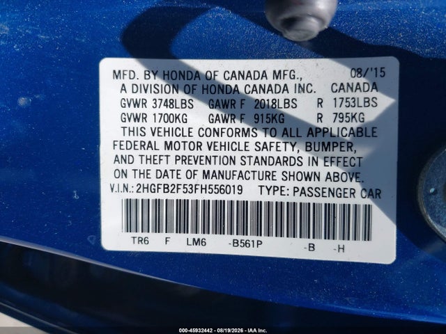 Honda Civic Lx 2015 2HGFB2F53FH556019 Image 9