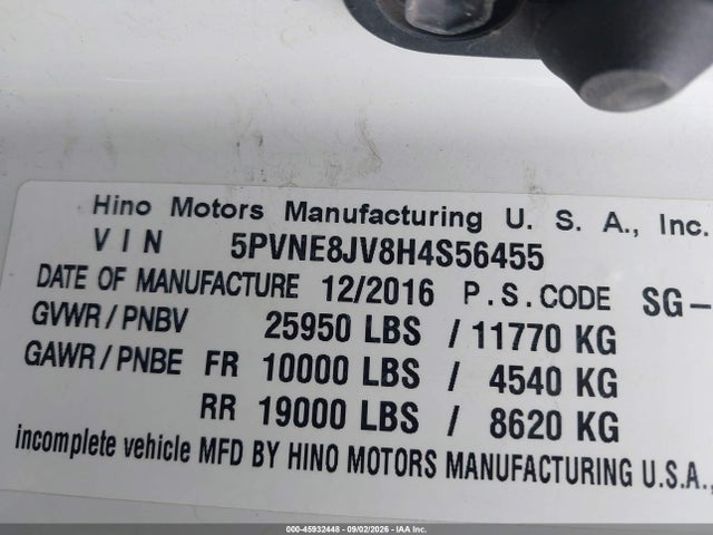 Продаж на аукціоні авто 2017 Hino 238/258/268, vin: 5PVNE8JV8H4S56455, номер лоту: 45932448
