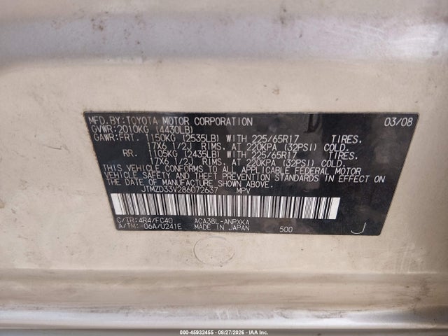 45932455 :رقم المزاد ، JTMZD33V286072637 vin ، 2008 Toyota Rav4 مزاد بيع