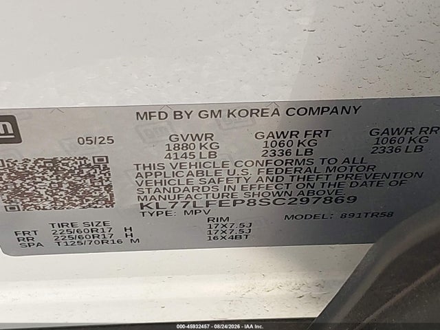 45932457 :رقم المزاد ، KL77LFEP8SC297869 vin ، 2025 Chevrolet Trax Fwd Ls مزاد بيع