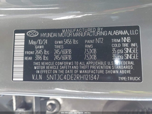 Продажа на аукционе авто 2024 Hyundai Santa Cruz Sel, vin: 5NTJC4DE2RH121347, номер лота: 45932470
