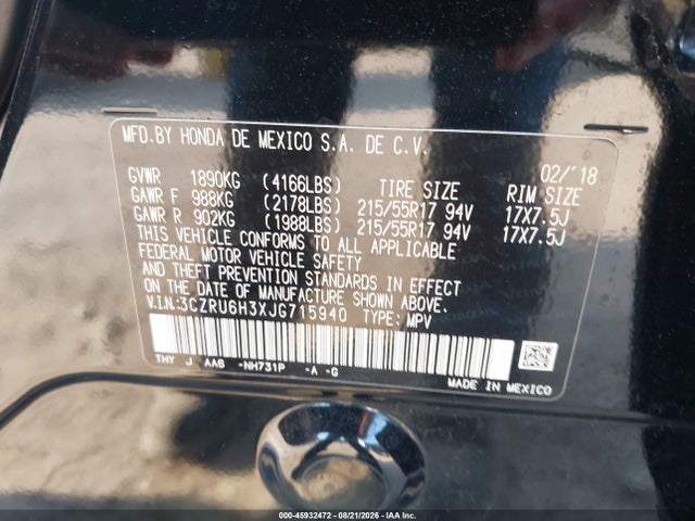 45932472 :رقم المزاد ، 3CZRU6H3XJG715940 vin ، 2018 Honda Hr-v Lx مزاد بيع