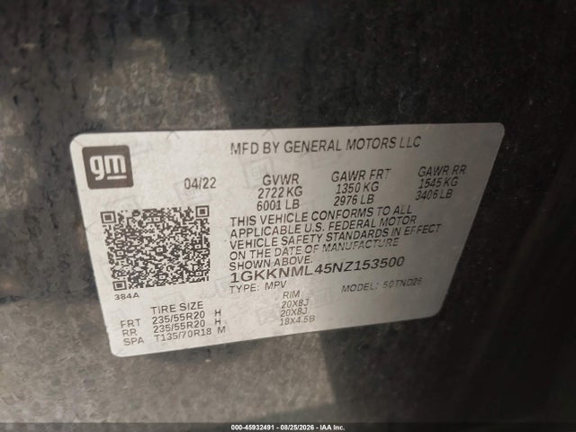 45932491 :رقم المزاد ، 1GKKNML45NZ153500 vin ، 2022 Gmc Acadia Fwd Slt مزاد بيع