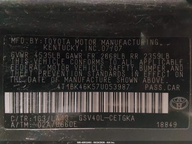 2007 Toyota Camry Xle V6 მანქანა იყიდება აუქციონზე, vin: 4T1BK46K57U053987, აუქციონის ნომერი: 45932493
