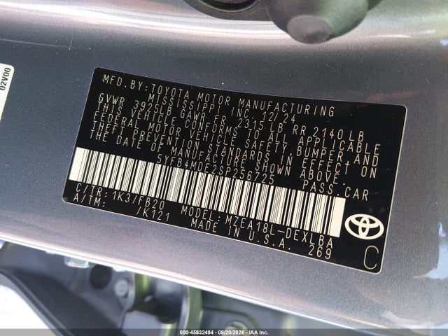 45932494 :رقم المزاد ، 5YFB4MDE2SP256725 vin ، 2025 Toyota Corolla Le مزاد بيع