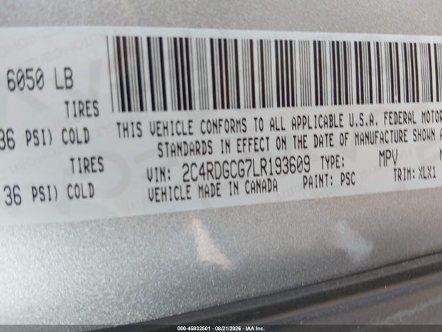 2020 Dodge Grand Caravan Sxt მანქანა იყიდება აუქციონზე, vin: 2C4RDGCG7LR193609, აუქციონის ნომერი: 45932501