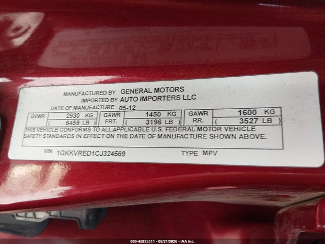 2012 Gmc Acadia Slt-1 მანქანა იყიდება აუქციონზე, vin: 1GKKVRED1CJ324569, აუქციონის ნომერი: 45932511
