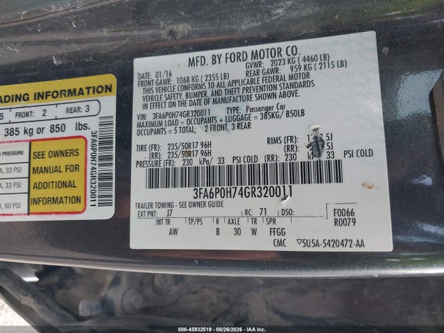 Ford FUSION SE 2016 3FA6P0H74GR320011 Image 9