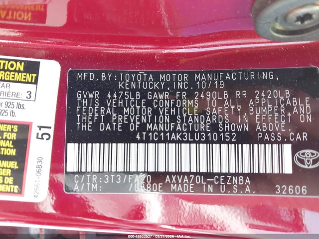 45932527 :رقم المزاد ، 4T1C11AK3LU310152 vin ، 2020 Toyota Camry Le مزاد بيع