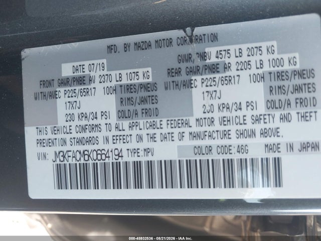 Продаж на аукціоні авто 2019 Mazda Cx-5 Touring, vin: JM3KFACM6K0664194, номер лоту: 45932536