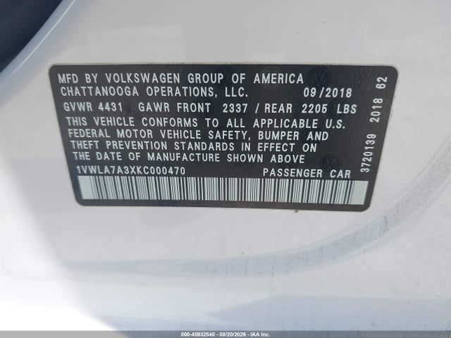 Продаж на аукціоні авто 2019 Volkswagen Passat 2.0t Wolfsburg Edition, vin: 1VWLA7A3XKC000470, номер лоту: 45932540
