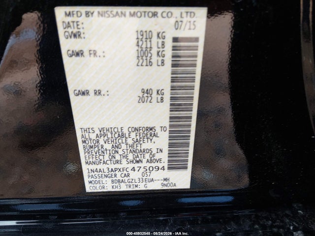 Aukcja sprzedaży 2015 Nissan Altima 2.5 S, vin: 1N4AL3APXFC475094, numer aukcji: 45932548