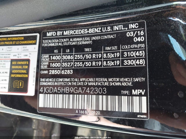 2016 Mercedes-benz Gle 350 4matic მანქანა იყიდება აუქციონზე, vin: 4JGDA5HB9GA742303, აუქციონის ნომერი: 45932550