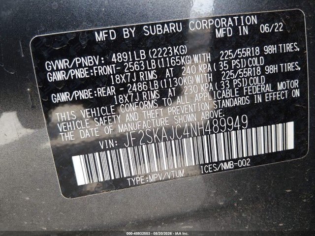 45932553 :رقم المزاد ، JF2SKAJC4NH489949 vin ، 2022 Subaru Forester Sport مزاد بيع