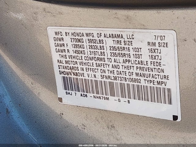 Продаж на аукціоні авто 2007 Honda Odyssey Ex-l, vin: 5FNRL38737B106892, номер лоту: 45932556