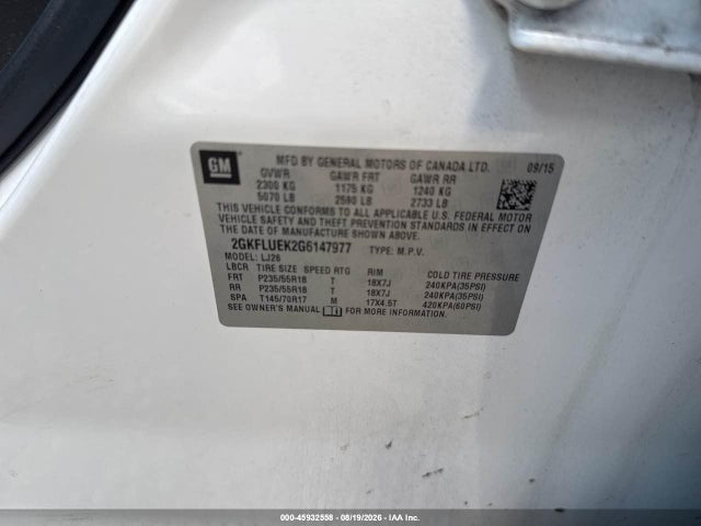 2016 Gmc Terrain Slt მანქანა იყიდება აუქციონზე, vin: 2GKFLUEK2G6147977, აუქციონის ნომერი: 45932558