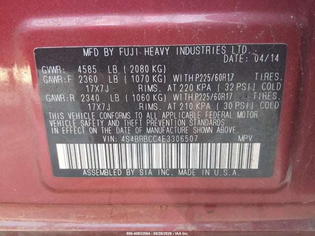 45932564 :رقم المزاد ، 4S4BRBCC4E3306507 vin ، 2014 Subaru Outback 2.5i Premium مزاد بيع