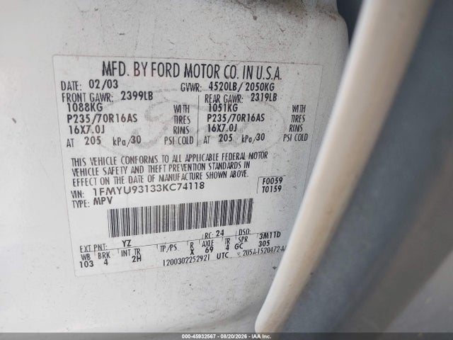 Aukcja sprzedaży 2003 Ford Escape Xlt, vin: 1FMYU93133KC74118, numer aukcji: 45932567