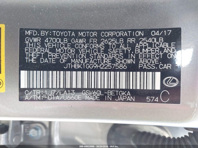 45932569 :رقم المزاد ، JTHBK1GG9H2257586 vin ، 2017 Lexus Es 350 مزاد بيع
