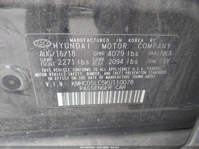 2019 Hyundai Ioniq Hybrid Limited მანქანა იყიდება აუქციონზე, vin: KMHC05LC5KU110078, აუქციონის ნომერი: 45932583