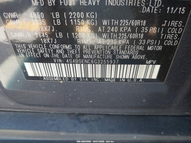 4S4BSENC6G3255937 Subaru Outback 3.6r Limited