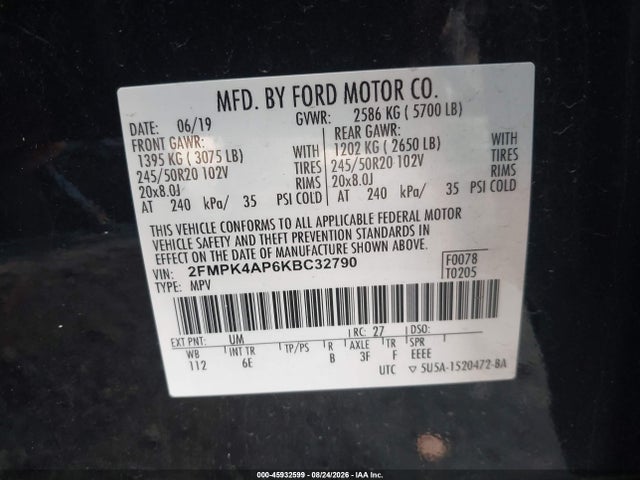 Aukcja sprzedaży 2019 Ford Edge St, vin: 2FMPK4AP6KBC32790, numer aukcji: 45932599