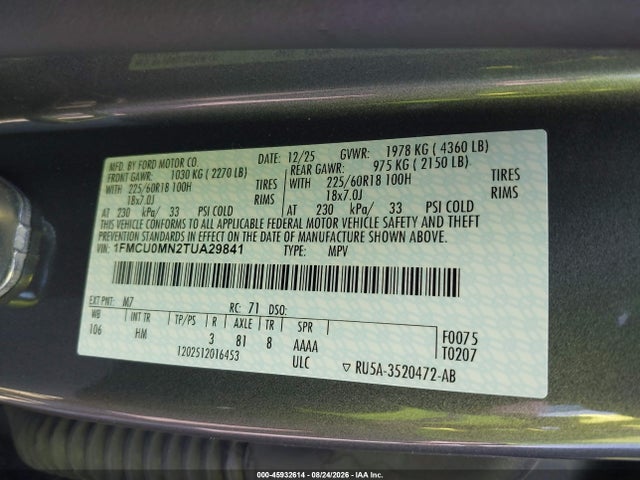 45932614 :رقم المزاد ، 1FMCU0MN2TUA29841 vin ، 2026 Ford Escape St-line مزاد بيع