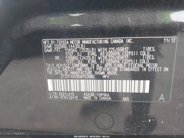 45932616 :رقم المزاد ، 2T3YF4DV9CW153880 vin ، 2012 Toyota Rav4 Limited مزاد بيع