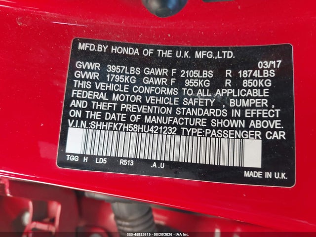 SHHFK7H58HU421232 Honda CIVIC EX