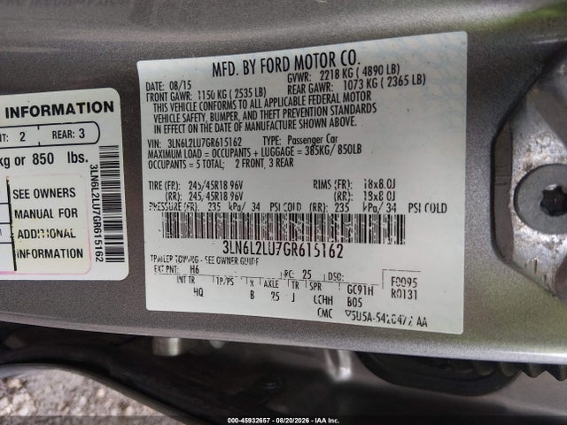 2016 Lincoln Mkz Hybrid მანქანა იყიდება აუქციონზე, vin: 3LN6L2LU7GR615162, აუქციონის ნომერი: 45932657