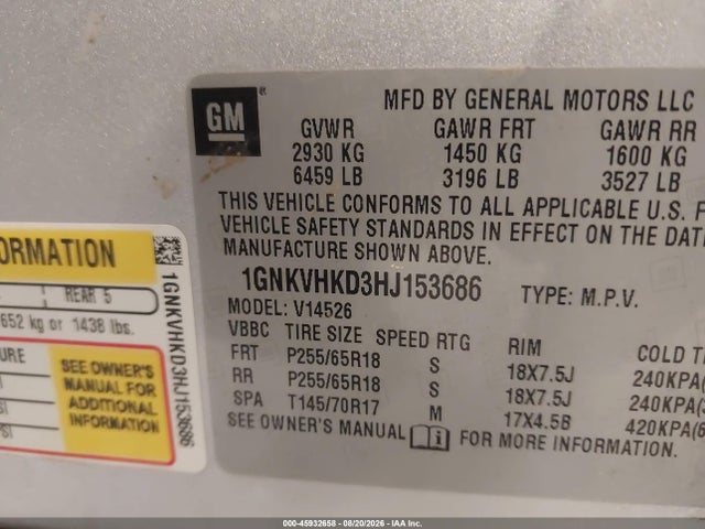 Auction sale of the 2017 Chevrolet Traverse Lt, vin: 1GNKVHKD3HJ153686, lot number: 45932658