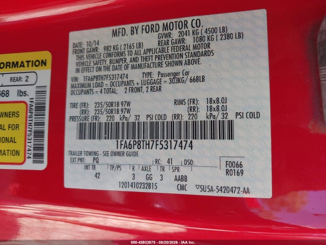 Aukcja sprzedaży 2015 Ford Mustang Ecoboost, vin: 1FA6P8TH7F5317474, numer aukcji: 45932675