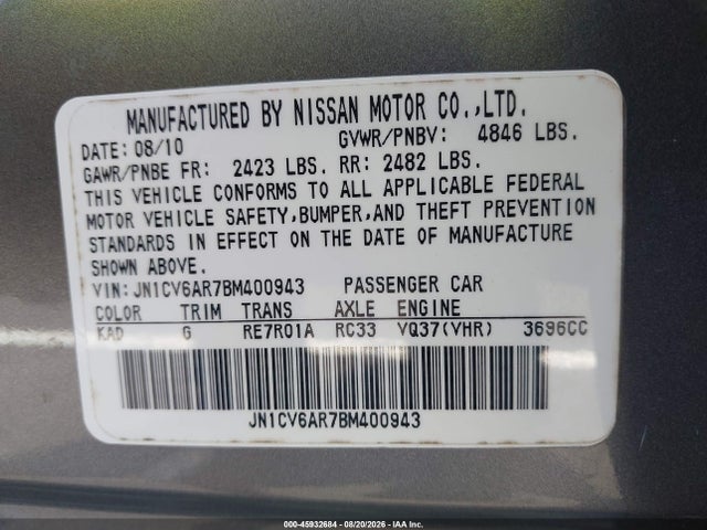 Aukcja sprzedaży 2011 Infiniti G37x, vin: JN1CV6AR7BM400943, numer aukcji: 45932684