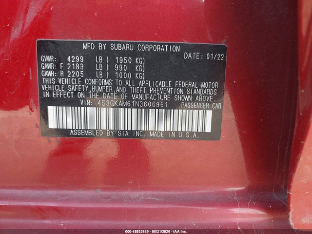 45932689 :رقم المزاد ، 4S3GKAM61N3606961 vin ، 2022 Subaru Impreza Sport مزاد بيع