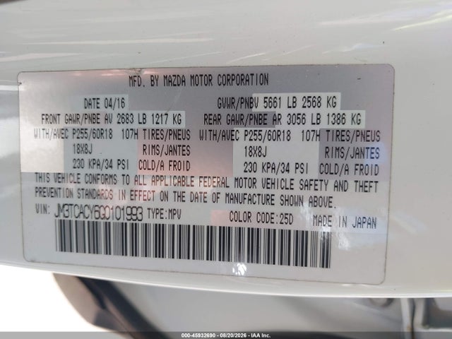 2016 Mazda Cx-9 Touring მანქანა იყიდება აუქციონზე, vin: JM3TCACY6G0101993, აუქციონის ნომერი: 45932690