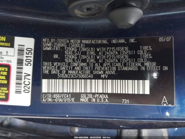 Продаж на аукціоні авто 2007 Toyota Sienna Ce/le, vin: 5TDZK23C57S066540, номер лоту: 45932696
