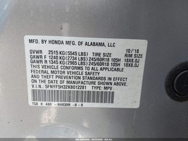 Honda Pilot Ex 2019 5FNYF5H32KB012281 Image 9