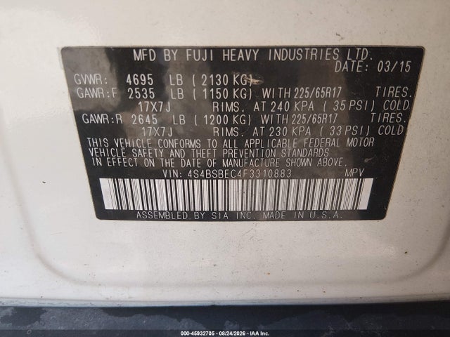 Aukcja sprzedaży 2015 Subaru Outback 2.5i Premium, vin: 4S4BSBEC4F3310883, numer aukcji: 45932705