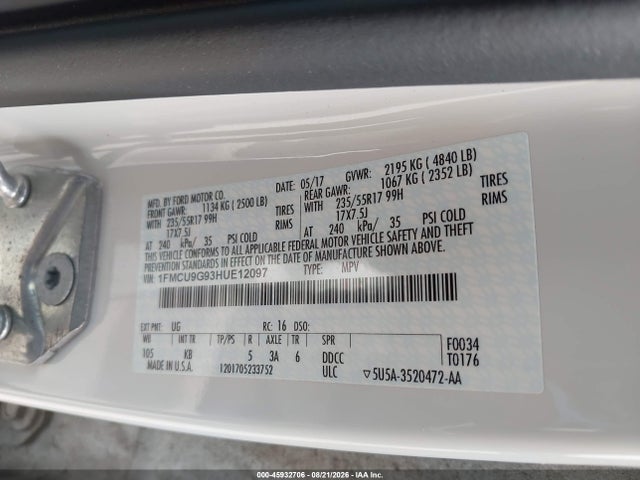 Продаж на аукціоні авто 2017 Ford Escape Se, vin: 1FMCU9G93HUE12097, номер лоту: 45932706