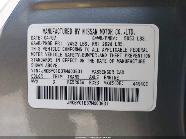 Продажа на аукционе авто 2007 Infiniti M45, vin: JNKBY01E37M403631, номер лота: 45932711